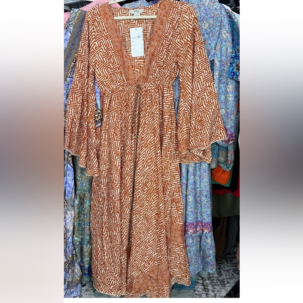 BOHO SILK BLEND Geometric Patterned Orange Dress